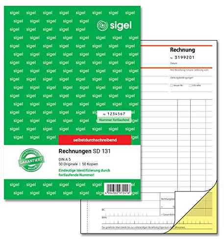 SIGEL SD131 Rechnungen fortlaufend nummeriert, eindeutige 7stellige Nummer wie vom Finanzamt vorgeschrieben, A5, 2x50 Blatt, selbstdurchschreibend, mit Abheftlochung, Rechnungsblock