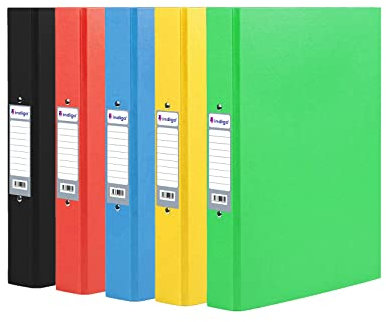 Indigo® A4 2 Ring Binder File Folders – Bright Assorted Colours, 25 mm Spine, Pack of 5 | School, Office & Home Organisation