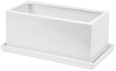 Maceta de cerámica con bandeja para maceta de 14 cm de alto, rectangular, color blanco liso, con desagüe