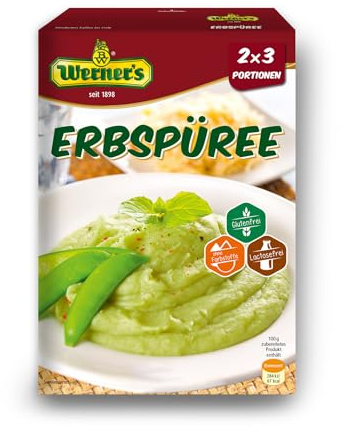 Werner´s Erbspüree 2x3 Portionen, 8 Packungen im Karton, Glutenfrei, laktosefrei, ohne Farbstoffe. Portion (ca. 200 g) entspricht 136,2 kcal Mikrowellengeeignet. Packungsinhalt: 2 x 3 Portionen,