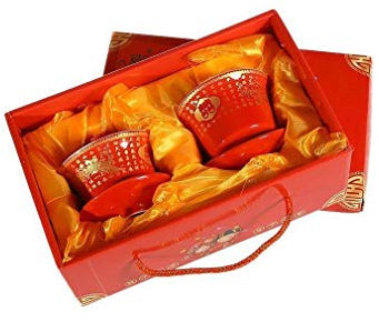 lachineuse - Coffret Tasses Gaiwan - 2 Tasses à Thé en Porcelaine - Coloris Rouge avec Motifs Dragon & Phénix - Tisanières avec Couvercle - Coffret Cadeau Chinois - Vaisselle Chine Traditionnelle