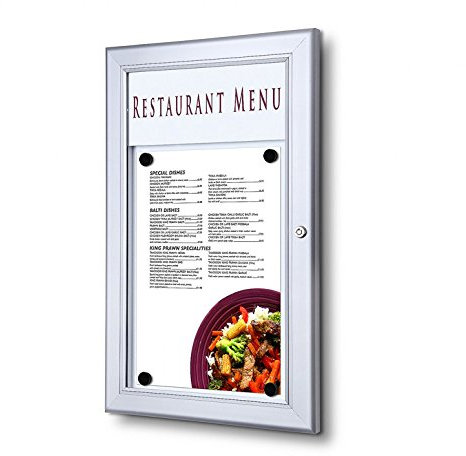 Schaukasten für Speisekarten 1x A4 | wetterfest für außen am Eingang | magnetische Rückwand, abschließbar | für Restaurant, Hotel, Gastronomie, Wandmontage | Logoleiste für individuelle Beschriftung