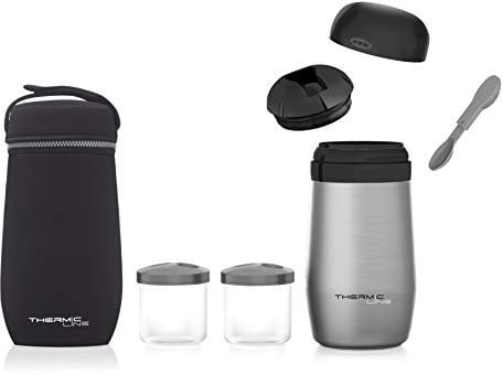 Jané Termo para Sólidos 1 Litro, 2 Compartimentos Individuales, Hermético, con Cuchara, Bolsa de Transporte, Gris