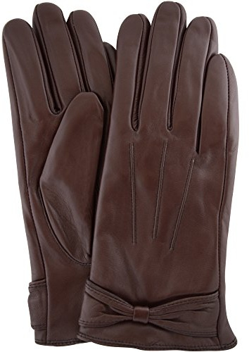 SNUGRUGS Womens Butter Soft Premium Leather Glove with Bow, 3 Point Stitch Desin & Warm Fleece Linning - Brown - Large (7.5)