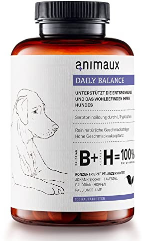 animaux Daily Balance – 100 Kautabletten – Pflanzliches Beruhigungs-Leckerli für Hunde bei Angst, Stress & Nervosität, mit Baldrian, Johanniskraut & Lavendel