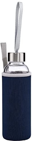 BUTLERS Smoothie Trinkflasche 500ml mit Neopren-Tasche in Blau - Glasflasche, Wasserflasche, Sportflasche - Heißgetränke