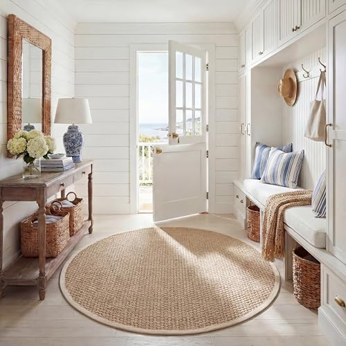 SAFAVIEH Area Rug 6' Round - Natural Fiber Collection - Natural & Ivory, Seagrass, Basketweave Pattern with Border (NF114J)