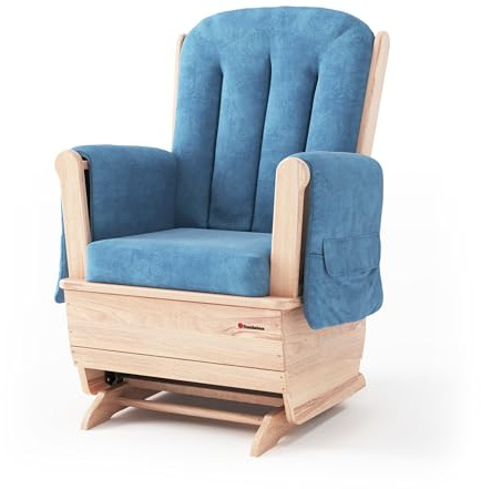 Foundations SafeRocker Standard Glider Rocker - Baby Feeding and Rocking Chair for Nursery, Daycare Environment - Nursery Rocking Chairs with Wood Skirt Base - Blue Microfiber