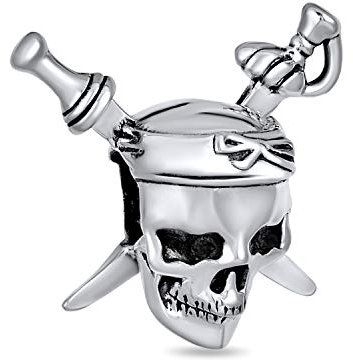 Breloque Tête De Mort De Pirate Des Caraïbes & Épées Croisées Pour Femme Pour Adolescente En Argent Sterling .925 Oxydé Compatible Avec Bracelet Européen