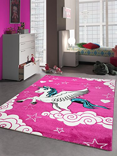 Kinderteppich Spielteppich Kinderzimmer Teppich Einhorn Design mit Konturenschnitt Pink Creme Türkis Größe 120x170 cm