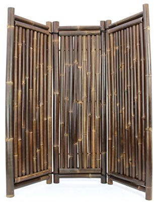 3teiliger Bambus Paravent Raumteiler schwarz-braun 180 x 180cm aus dicken Wulung Bambusrohren mit 4-7cm Durchmesser