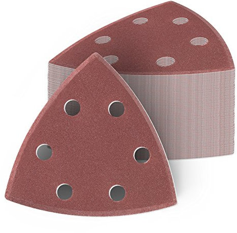 50 Stück Delta Schleifdreiecke 93x93x93 mm Deltaschleifer P180 Körnung, 6 Loch, red Film, Haft Klett Schleifpapier
