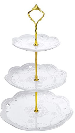 MALACASA, Series Sweet.Time, 14.5 Tall 3 Tier Cake Stands (6 & 8 & 10) Round Ceramic Dessert Cake Tower Stand, Porcelain Party Food Server Display Holder with Golden Carry Handle, White