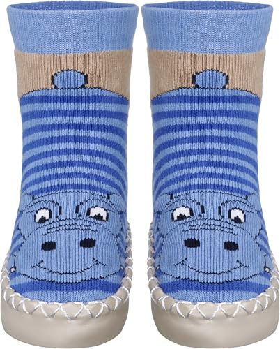 Playshoes Baby - Jungen Hüttenschuh Nilpferd Socken, Blau 7 Blau, 19/22 EU