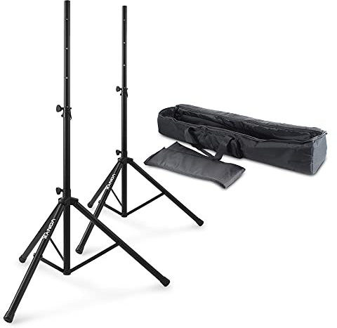 Vonyx PA Speaker Stands Pair with Height Adjustment up to 1.8m & Beamz Padded Carry Case - Lightweight Portable Set for DJs, Bands, Karaoke, Stages, Events & Conferences