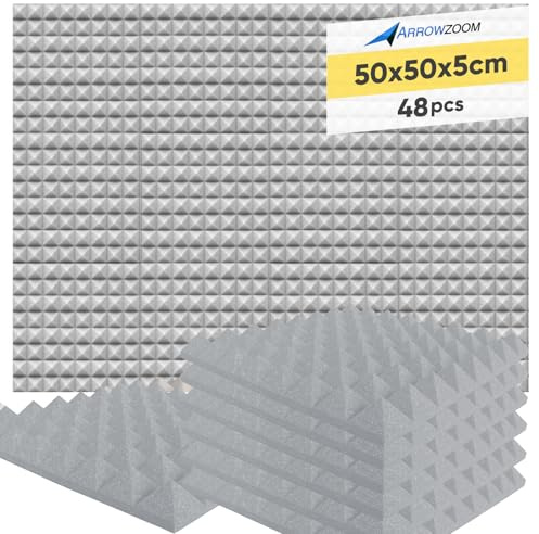 Super Dash (Lot de 48) de 50 X 50 X 5 cm Insonorisation Pyramide Acoustique d'isolation Traitement de Mousses Carreaux Panneaux SD1034 (GRIS) | Mousse acoustique haute densite pour reduction echo, absorption sonore, studio, gaming et home office