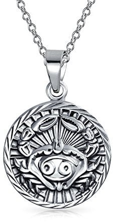 Bling Jewelry Cancer Zodiac Sign Astrology Horoscope Round Medallion Pendant For Men Women Necklace Antiqued Sterling Silver
