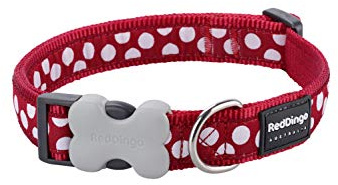 Red Dingo Bucklebone Dog Collar Design, White Spots on Red, Small 15mm