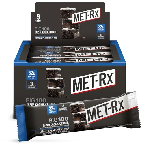 MET-Rx Big 100 Protein Bar, Meal Replacement Bar, 32G Protein, Super Cookie Crunch, 3.52 Oz (Pack of 9)