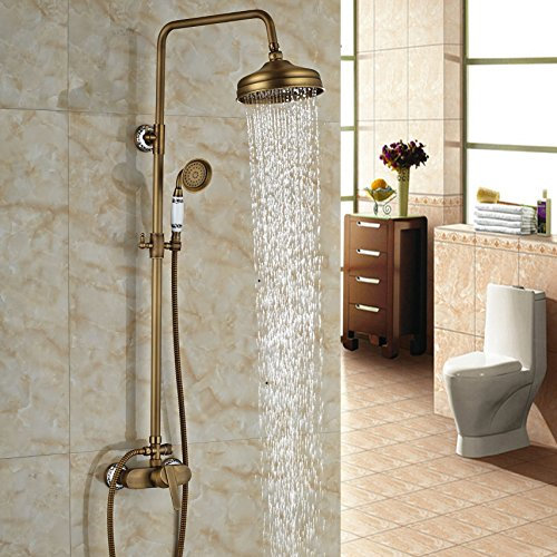 Rozin Colonne de Douche Style Rétro en Laiton Vieilli - Ensemble avec Robinet Mitigeur pour le bain, Pommeaux de douche - 20,3 cm