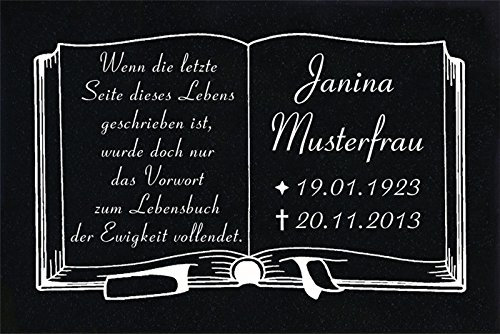 LaserArt24 Granit Grabstein, Grabplatte oder Grabschmuck mit dem Motiv Buch-g01 und Ihrem Text/Daten