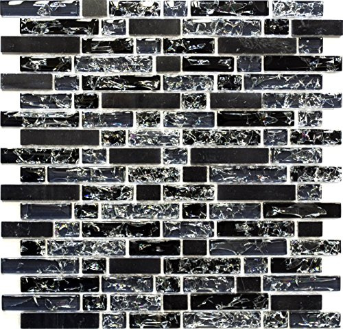 Mosaik-Netzwerk MosaikflieseVerbund Crystal/Stein mix schwarz Glasmosaik Transluzent Transparent 3D, Mosaikstein Format: 15x23/48/73x8 mm, Mattengröße: 298x305 mm, 10 Matten