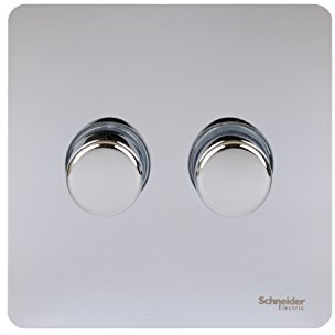 Schneider Electric Ultimate Screwless Flat Plate - Double 2 Way Dimmer Light Switch, Main and Low Voltage, 250W/VA, GU6422CPC, Polished Chrome