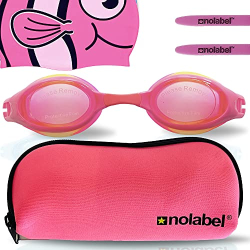 NO LABEL Kids Swimming Goggles - Pink Kids Goggles - Pink Childrens Swimming Goggles Kids - Pink Swimming Goggles - Girls Swimming Goggles - FREE Neoprene Swimming Goggles Case and Fish Swim Cap