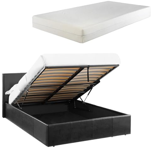 Direct Furniture Suppliers LUNA 4FT6 Double Faux Leather Ottoman Storage Bed Gas Lift Up (H: 88.5cm x W: 153cm x L: 203cm) and 25cm Thick Memory Foam Mattress (Black)