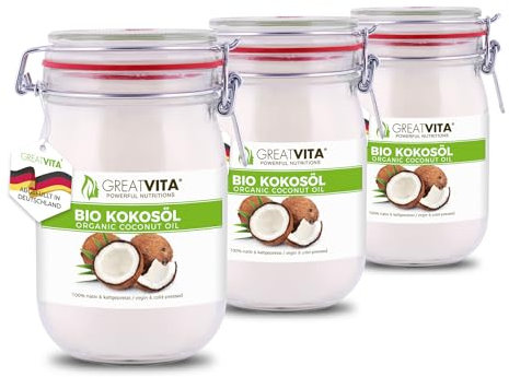 Olio di cocco biologico MeaVita, nativo, confezione da 3 (3 x 1000 ml) in un barattolo da stiro