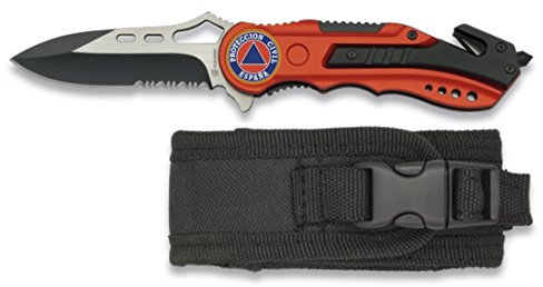 Albainox 19626GR1015 - Navaja Roja Seguridad Proteccion Civil, Mango de Aluminio, Hoja con Sierra de 6.5 cm, Incluye Punta Rompevidrio y Cutter Cinturón, Funda de Nylon, Unisex Adulto, Multicolor