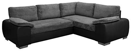 ENZO - CORNER SOFA BED WITH STORAGE - JUMBO CORD FABRIC LEATHER - RIGHT HAND SIDE ORIENTATION (GREY AND BLACK)