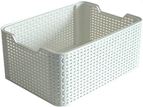 Curver Style Rattan Effect Kitchen, Living room, Bathroom, Bedroom, Utility Medium Rectangular Storage Basket 18 Litres - White, Cream