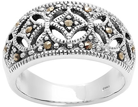 Silverly 925 Silber Markasit Breiter Eheringring Mittelalterlich Geometrisches Muster Durchbrochen | Kuppelring im Art Deco Vintage-Stil der 20er Jahre | Edwardianischer Vierpassschmuck für Damen
