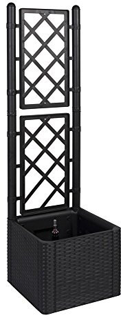 Treillis avec jardinière d'aspect rotin en plastique solide anthracite/gris.Dimensions en cm (L x l x h) :43 x 43 x 142 cm. Idéal pour le jardin, la terrasse et le balcon.