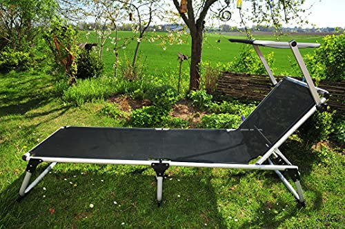 Liege, Sonnenliege mit Sonnendach Dach, PREMIUM Relaxliege, Gartenliege extrem wetterfest, klappbar, tragbar, seewasserfest, hochwertig bequem und stabil, große Liegefläche ca. 195 x 62 cm, Textilene-Aluminium, Alu mit Sonnenschutzdach, Dreibeinliege faltbar, verstellbare Klappliege, anthrazit-metallic silber, Strandliegen, Sonnenliegen, Liegestühle, Gartenstühle, Picknickliegen, Gartenmöbel Holz, Feldbetten