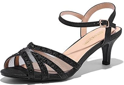 DREAM PAIRS Womens Wedding Prom Bridal Shoes Ladies Ankle Strap Peep Toe Low Kitten Heels Sandals Party Occassion Dress Shoe,BLACK Size 6 UK, NINA-166
