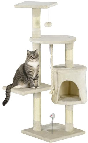 PawHut Árbol para Gatos Rascador 112 cm de 4 Pisos con Poste para Arañar Cueva Espaciosa Múltiples Plataformas Juguetes Divertidos 112x75x40 cm Beige