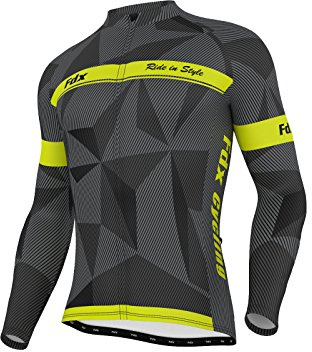 FDX Mens Classic Cycling Jersey Long Sleeve Thermal Cold Wear Racing Jacket (Black/Grey/Yellow, Medium)