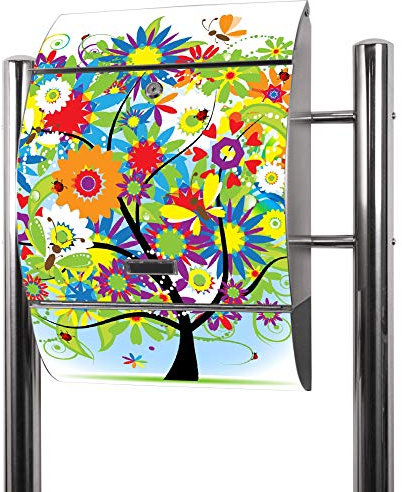 banjado® Standbriefkasten Edelstahl mit Zeitungsfach Motiv Märchenzauberbaum/Briefkasten mit Standfuß/Edelstahl Briefkasten freistehend - A4 Einwurf inkl. 2 Schlüssel