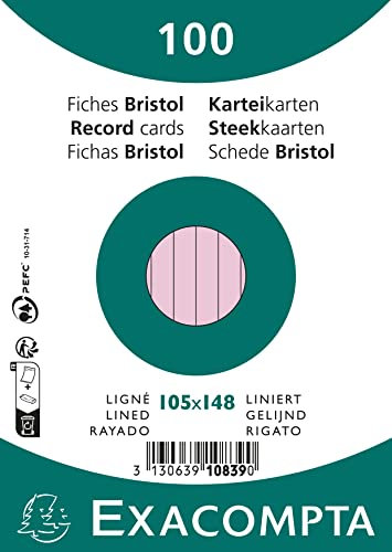 Exacompta 10839SE 100er Pack Karteikarten liniert DIN A6 in Folie eingeschweißt 10,5 x 14,5 cm ideal für die Schule und Universität zum Lernen rosa