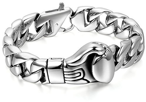 JewelryWe Bracelet Punk Rock Gant de Boxe Chaîne Gourmette Poli Acier Inoxydable Couleur Argent Bijoux Cadeau