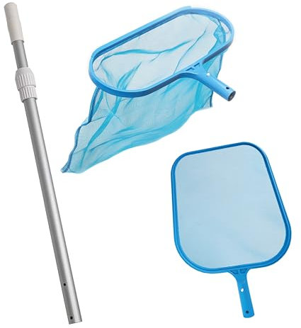 POWERHAUS24 3 in 1 Kescher-Set mit Oberflächen- / Laub- und Bodenkescher und Aluminium-Teleskopstange Ø 3cm, zweiteilig, ausziehbar bis 117 cm, für Pools und Whirlpools