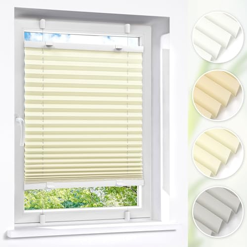 Victoria M. Easyfix Plissee Faltrollo ohne Bohren Plisseeanlage Klemmfix mit Klemmträger für Fenster und Türen, Größe: 105 x 150 cm, Farbe: Creme
