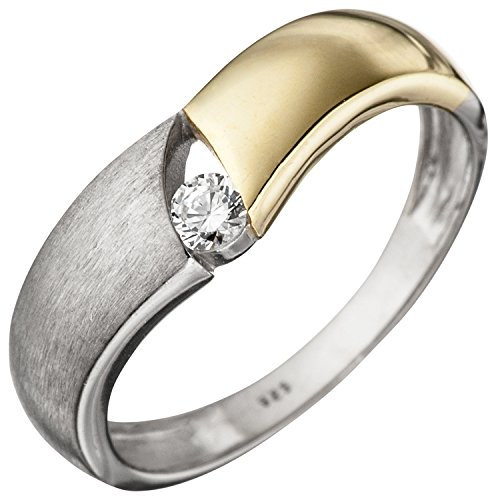 Jobo Damen Ring 925 Sterling Silber bicolor vergoldet matt 1 Zirkonia Silberring Größe 56