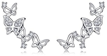 QUKE 925 Sterling Silber Zirkonia Kristall 3D Schmetterling Design Ear Cuff Braut Ohrstecker Ohrringe