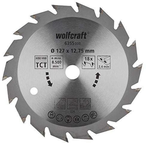 wolfcraft 6355000 1 Lame de Scies Circulaires Ø 127 Mm, Ct, Alésage Ø 12,75 Mm, Dents Alternées, 18 Dents,argent