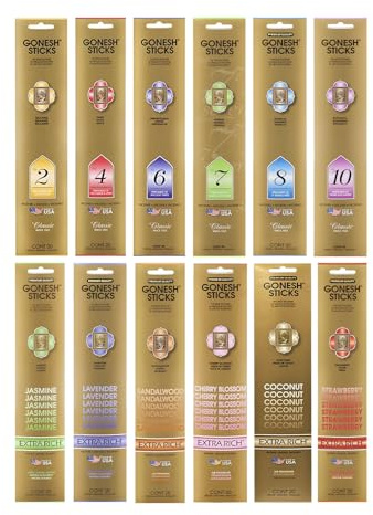Gonesh - Incense Sticks Variety Pack - Non-Toxic 10” Slow Burn Aromatic Sticks - Classic Collection & Extra Rich Collection - 12 Packs of 20