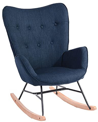 MEUBLE COSY Schaukelstuhl Sessel Schaukelsessel Stillstuhl Schwingstuhl mit Armlehnen Gepolsterter Sitzfläche für Wohnzimmer Schlafzimmer, Balkon, Stoff und Holzkufen, Bis 120 kg Belastbar, Dunkelblau