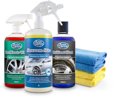 Greased Lightning Exterior Valet Bundle – Wash, Wax, Wheels & Tyres | Showroom Shine, Brilliant Black & Wheel Cleaner – complete exterior valet in one box. Includes 4 microfibre cloths